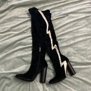 Thigh High Velvet Lightning Bolt Heel Boots 7